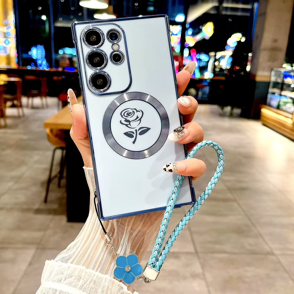 Chic Rose TPU Case for Samsung Galaxy S21/S22/S23/S24/S25 Ultra - MagSafe Ready with Lanyard for Ultimate Convenience