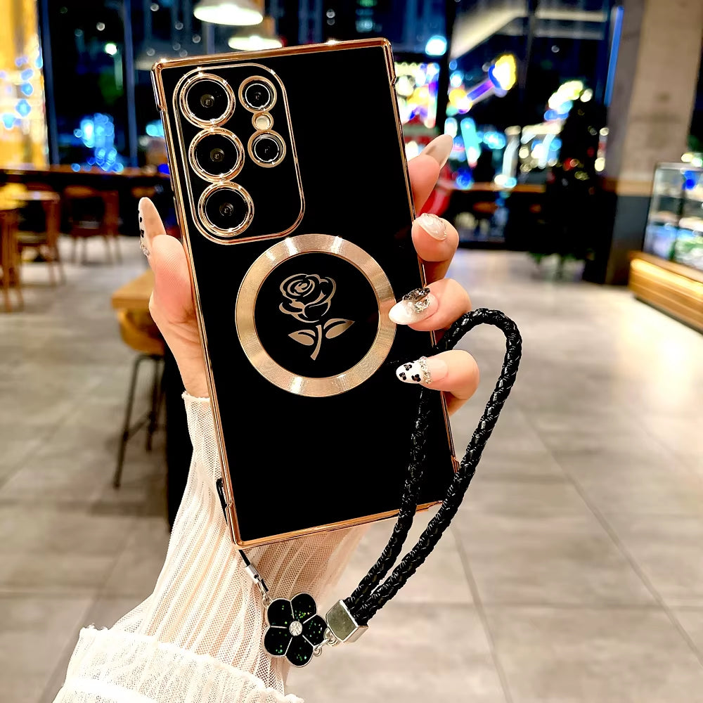 Chic Rose TPU Case for Samsung Galaxy S21/S22/S23/S24/S25 Ultra - MagSafe Ready with Lanyard for Ultimate Convenience