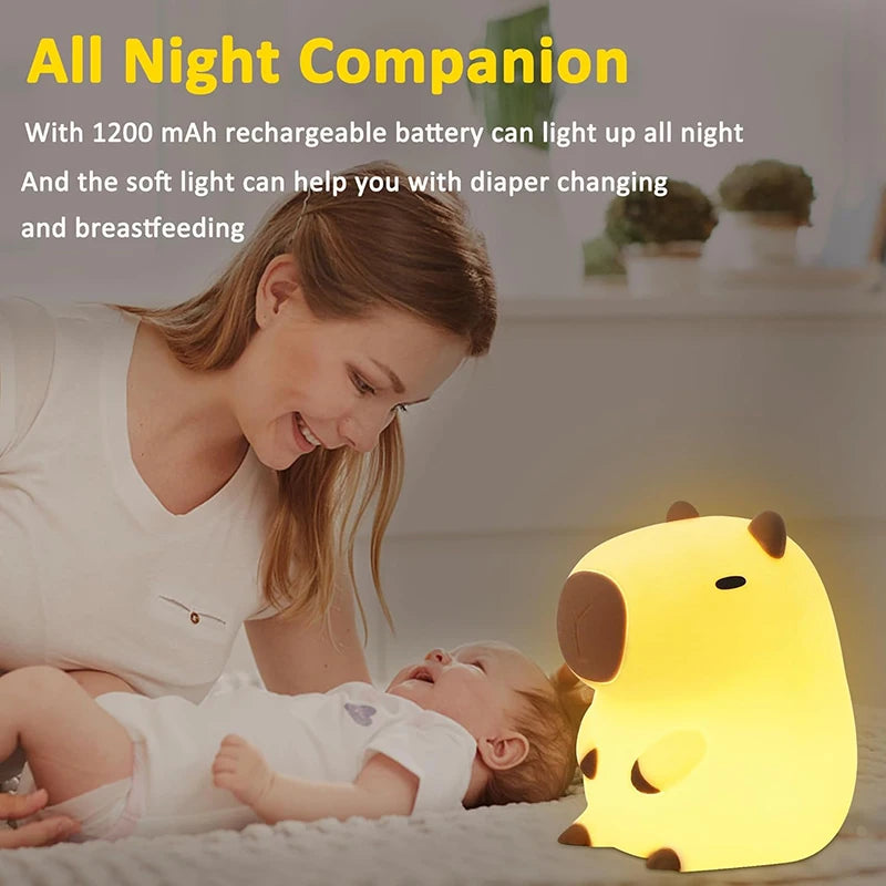 Cuddle Up with the Adorable Capybara Silicone Night Light - USB Rechargeable Touch Lamp for Kids' Rooms and the Perfect Holiday Gift!