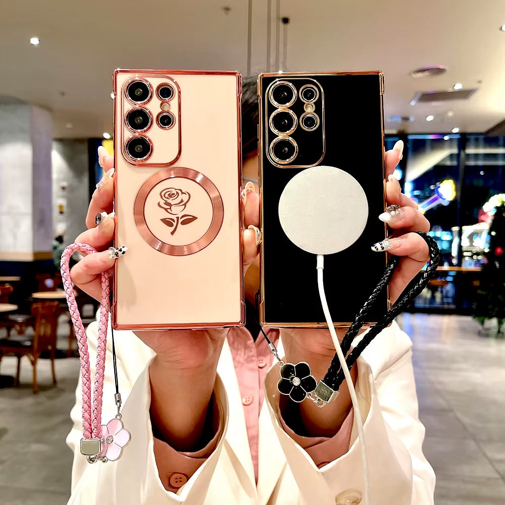 Chic Rose TPU Case for Samsung Galaxy S21/S22/S23/S24/S25 Ultra - MagSafe Ready with Lanyard for Ultimate Convenience