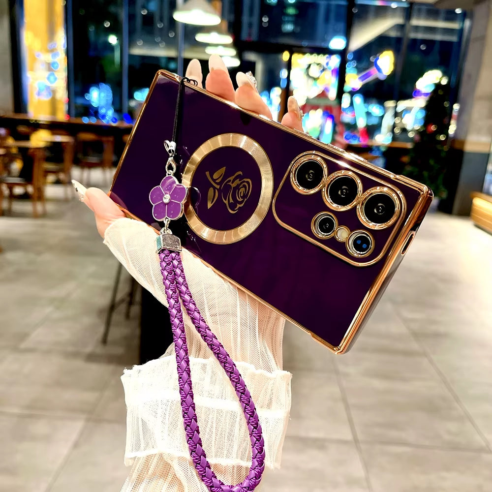 Chic Rose TPU Case for Samsung Galaxy S21/S22/S23/S24/S25 Ultra - MagSafe Ready with Lanyard for Ultimate Convenience