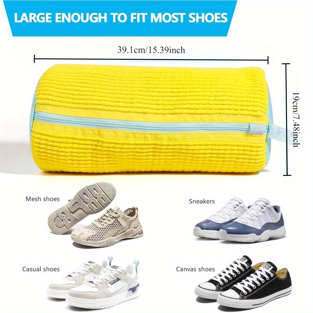 Experience Effortless Shoe Care with Our Durable Yellow Shoe Washing Machine Bag Featuring a Blue Zipper - Perfect for Sneakers and Casual Shoes!