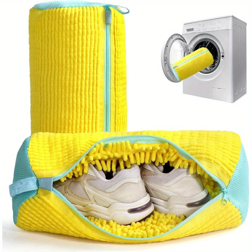 Experience Effortless Shoe Care with Our Durable Yellow Shoe Washing Machine Bag Featuring a Blue Zipper - Perfect for Sneakers and Casual Shoes!
