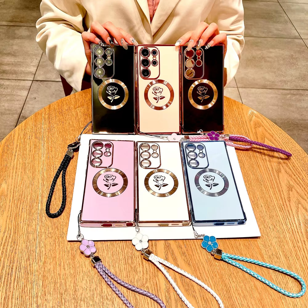 Chic Rose TPU Case for Samsung Galaxy S21/S22/S23/S24/S25 Ultra - MagSafe Ready with Lanyard for Ultimate Convenience