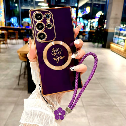 Chic Rose TPU Case for Samsung Galaxy S21/S22/S23/S24/S25 Ultra - MagSafe Ready with Lanyard for Ultimate Convenience