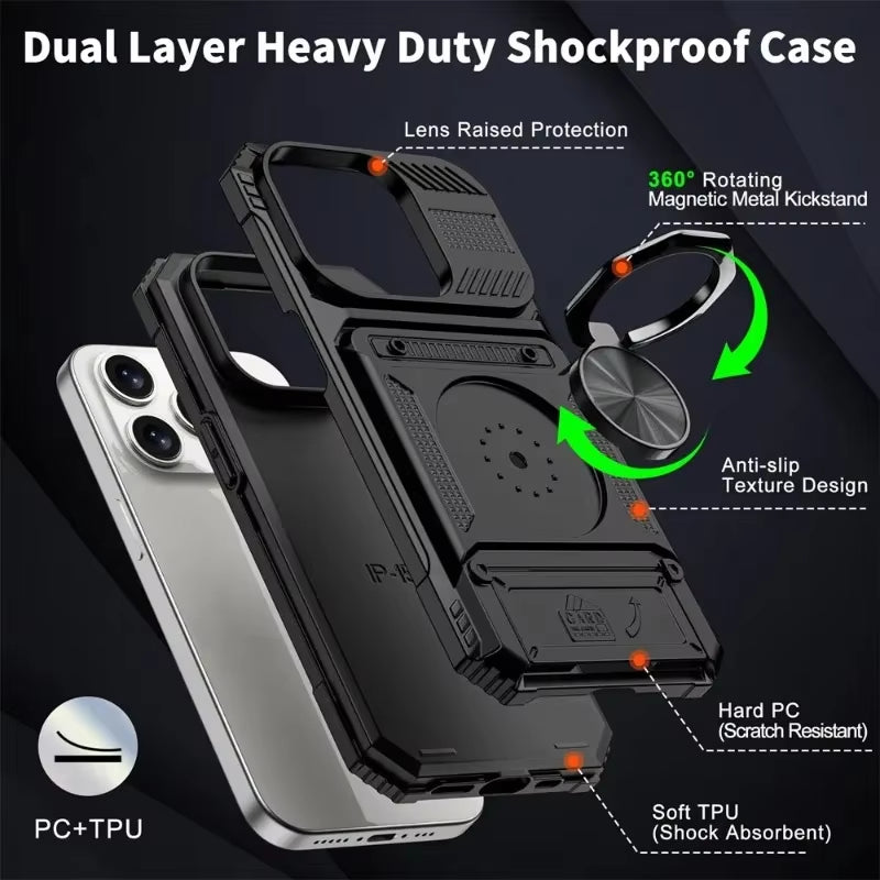 Ultimate Heavy-Duty Military-Grade iPhone Case with Magnetic Kickstand - Stylish Wallet Protection for iPhone 13/14/15/16/17 Pro Max