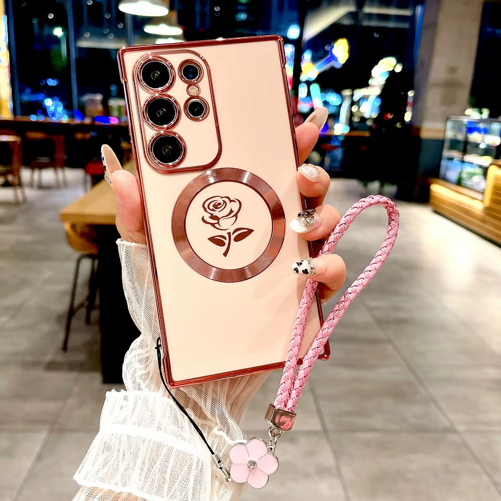Chic Rose TPU Case for Samsung Galaxy S21/S22/S23/S24/S25 Ultra - MagSafe Ready with Lanyard for Ultimate Convenience