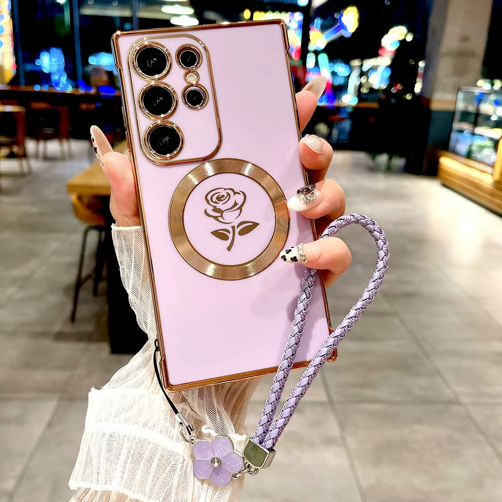 Chic Rose TPU Case for Samsung Galaxy S21/S22/S23/S24/S25 Ultra - MagSafe Ready with Lanyard for Ultimate Convenience